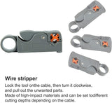 a wire stripper with several different sizes with text: '8 9 Wire stripper Lock the tool onthe cable, then turn it clockwise, and pull out the unwanted parts. Made of high-impact materials and can be set todifferent cutting depths depending on the cable.'