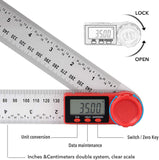 a ruler and a digital device with text: '2 LOCK 4 28 24 120 12 4 28 20 12 4 20 12 4 28 20 12 4 28 20 12 4 16 35.00 OPEN 16 D/M HOLD 16 OPEN 16 240 250 260 270 280 290 300 310 320 330 340 80 90 100 110 120 130 35.00 OPEN 4 16 3 16 2 - D/M HOLD ON/OFFIZERO 28 4 12 28 4 12 20 28 4 LOCK Unit conversion Switch / Zero Key Data maintenance Inches &Centimeters double system, clear scale'