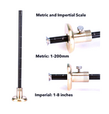 a measuring device with a metal rod with text: 'Metric and Impertial Scale Metric: 1-200mm Imperial: 1-8 inches'