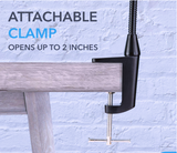 a clamp on a wood table with text: 'ATTACHABLE CLAMP OPENS UP TO 2 INCHES'